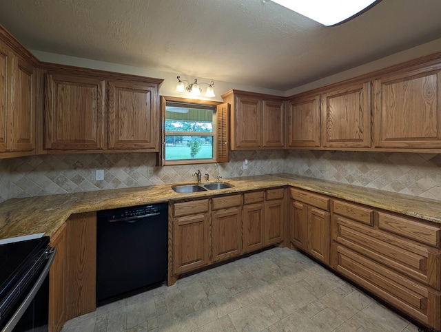 218 Lilly Ln, Bullard, TX 75757 - kitchen featuring black appliances, a sink, backsplash, and brown cabinets