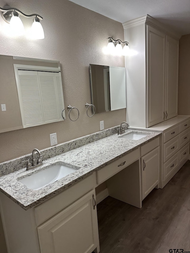 bathroom with vanity and hardwood / wood-style flooring