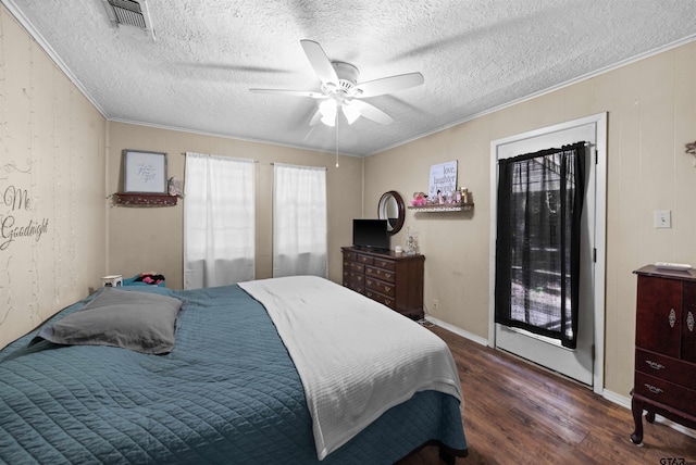 bedroom featuring access to exterior, ceiling fan, crown molding, and dark wood-type flooring