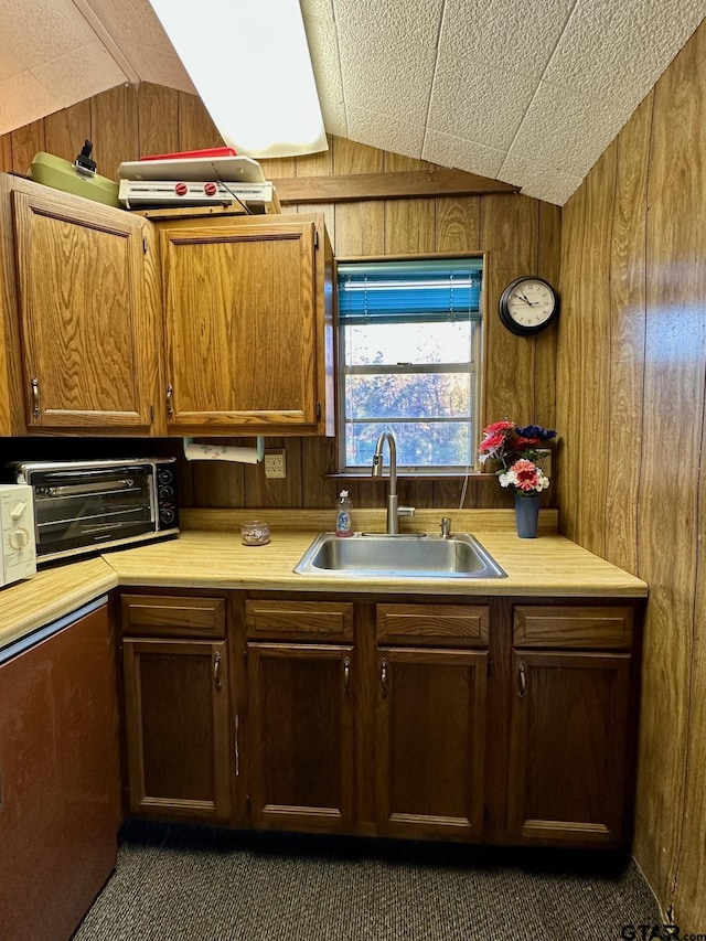 kitchen featuring sink, dark colored carpet, wood walls, a textured ceiling, and vaulted ceiling