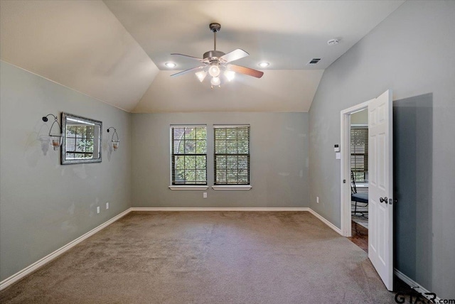 5609 Andover Dr, Tyler, TX 75707 - interior space featuring ceiling fan, visible vents, lofted ceiling, and carpet