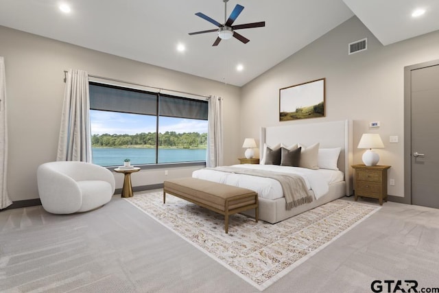 carpeted bedroom with recessed lighting, visible vents, baseboards, and ceiling fan