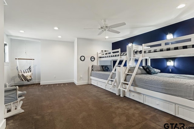 bedroom featuring recessed lighting, carpet floors, a ceiling fan, and baseboards