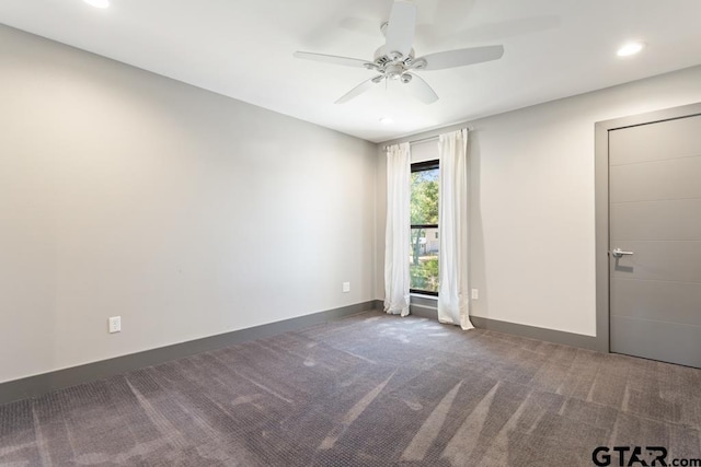 carpeted empty room featuring a ceiling fan, baseboards, and recessed lighting
