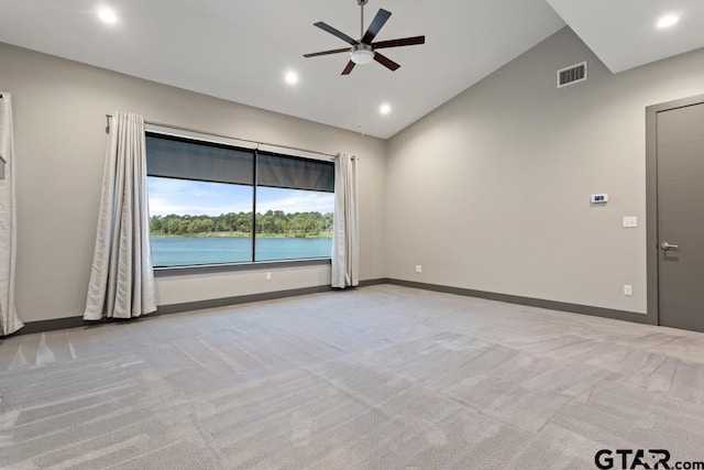 unfurnished room featuring light carpet, baseboards, visible vents, recessed lighting, and ceiling fan