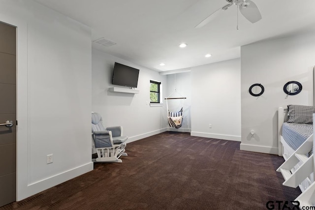 unfurnished room featuring visible vents, baseboards, recessed lighting, a ceiling fan, and carpet floors