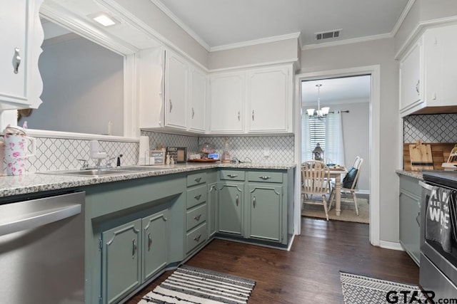 kitchen with visible vents, appliances with stainless steel finishes, ornamental molding, white cabinetry, and green cabinets