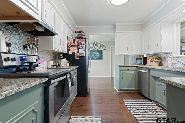 kitchen with stainless steel appliances, ornamental molding, white cabinetry, and decorative backsplash