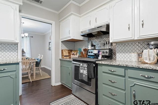 kitchen featuring light countertops, white cabinetry, under cabinet range hood, and stainless steel electric range