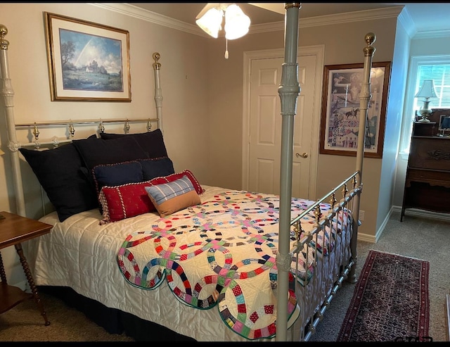 bedroom with ceiling fan, carpet, and ornamental molding