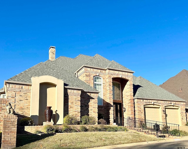 french country inspired facade with a garage