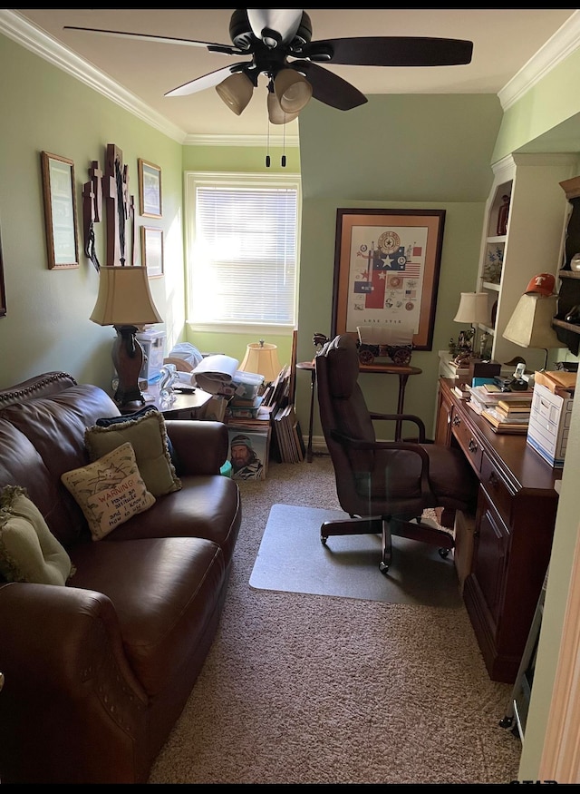 carpeted office space featuring ceiling fan and ornamental molding