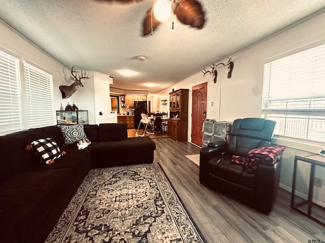 living room with hardwood / wood-style floors, ceiling fan, and a textured ceiling