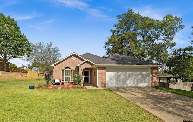 ranch-style home featuring a front lawn and a garage