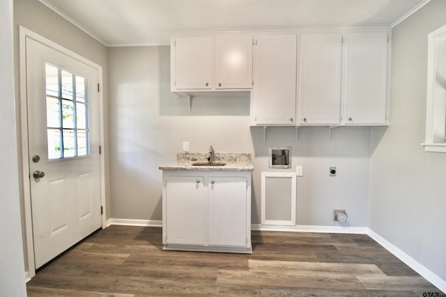 laundry room with sink, cabinets, electric dryer hookup, dark hardwood / wood-style flooring, and crown molding