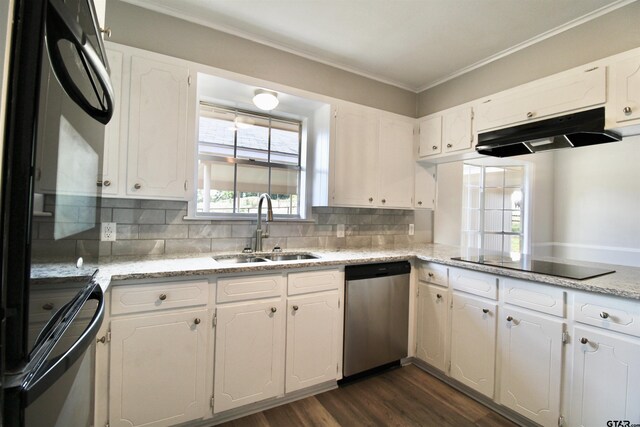 kitchen featuring dark hardwood / wood-style flooring, white cabinetry, sink, and black appliances