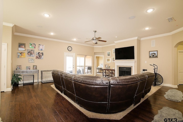 10821 Cactus Trl, Flint, TX 75762 - living area featuring ceiling fan, arched walkways, wood finished floors, a fireplace, and crown molding