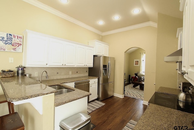 10821 Cactus Trl, Flint, TX 75762 - kitchen featuring stainless steel appliances, a peninsula, dark wood-style flooring, arched walkways, and ornamental molding