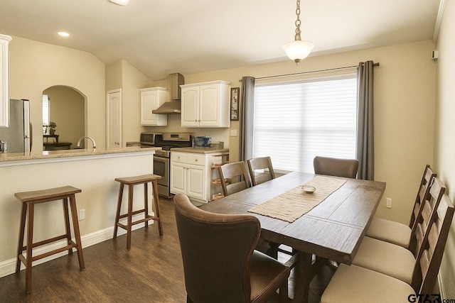 10821 Cactus Trl, Flint, TX 75762 - dining space featuring dark wood-style floors, arched walkways, healthy amount of natural light, lofted ceiling, and recessed lighting