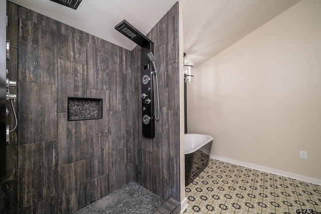 bathroom with separate shower and tub and vaulted ceiling