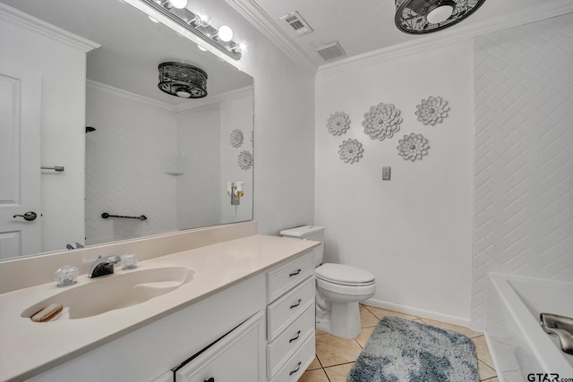 bathroom featuring tile patterned floors, toilet, vanity, and ornamental molding