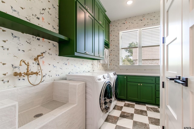 12240 Jazmin Cir, Flint, TX 75762 - laundry area with cabinet space, wallpapered walls, and separate washer and dryer