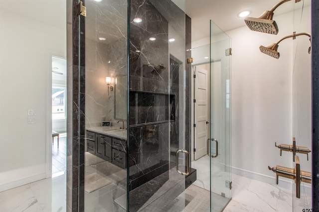 12240 Jazmin Cir, Flint, TX 75762 - full bath with marble tiled flooring, a shower stall, and recessed lighting
