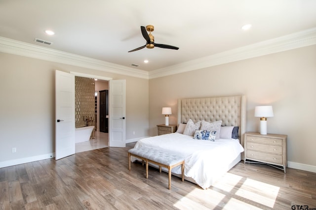 12240 Jazmin Cir, Flint, TX 75762 - bedroom featuring ornamental molding, wood finished floors, recessed lighting, and ceiling fan