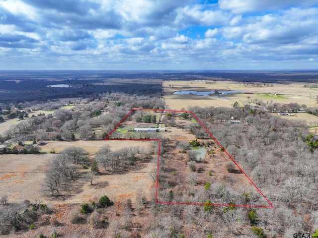 birds eye view of property featuring a rural view and a water view