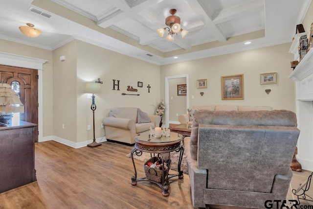 1216 Cobblestone Ct, Carthage, TX 75633 - living area with ceiling fan, beam ceiling, wood finished floors, crown molding, and coffered ceiling