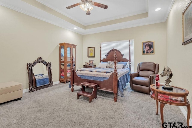 1216 Cobblestone Ct, Carthage, TX 75633 - carpeted bedroom with crown molding, a raised ceiling, recessed lighting, and a ceiling fan