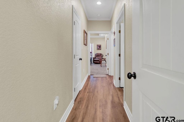 1216 Cobblestone Ct, Carthage, TX 75633 - hallway featuring ornamental molding and wood finished floors