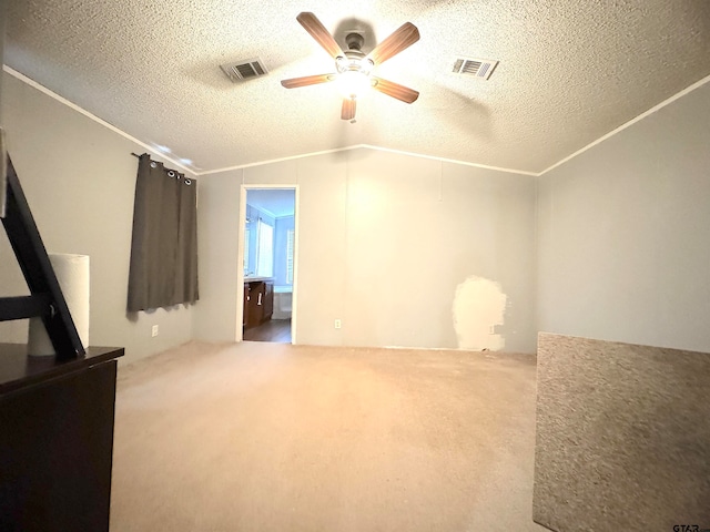 interior space with carpet flooring, a textured ceiling, ceiling fan, and vaulted ceiling