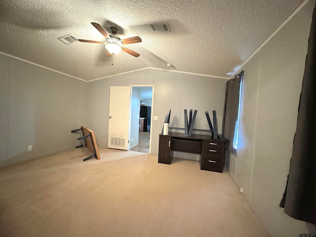 interior space with carpet flooring, lofted ceiling, a textured ceiling, and ceiling fan