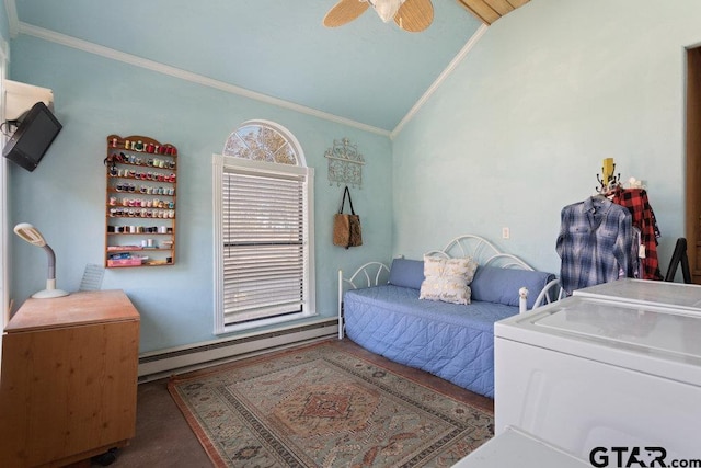 bedroom featuring vaulted ceiling, ceiling fan, ornamental molding, and baseboard heating