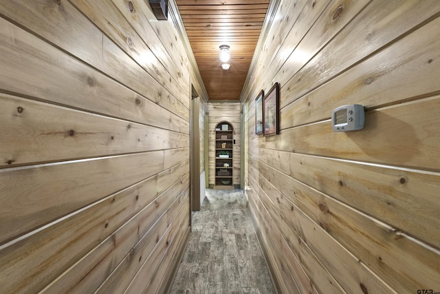 corridor featuring wood ceiling, wooden walls, and hardwood / wood-style floors