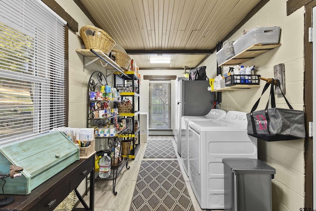 laundry area with wood ceiling, separate washer and dryer, and light hardwood / wood-style flooring