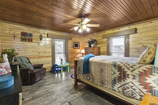 bedroom featuring ceiling fan, wood-type flooring, wood walls, and wood ceiling