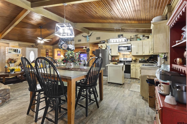 dining area featuring wood ceiling, vaulted ceiling with beams, wooden walls, light wood-type flooring, and ceiling fan