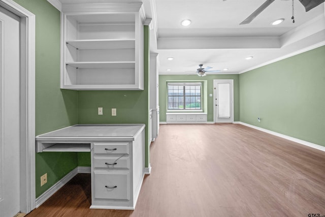 5806 Plantation Dr, Tyler, TX 75703 - unfurnished office featuring ceiling fan, wood finished floors, ornamental molding, baseboards, and recessed lighting