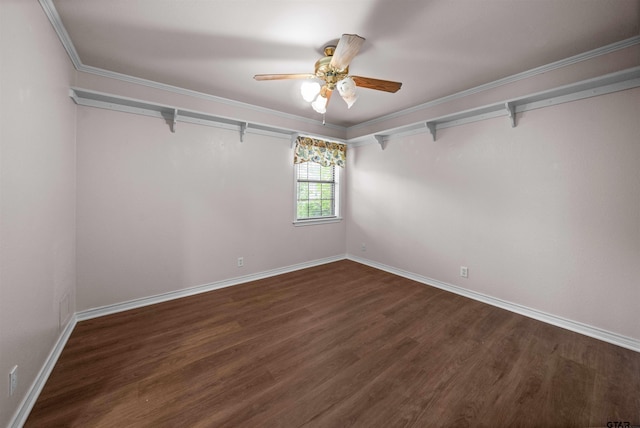5806 Plantation Dr, Tyler, TX 75703 - empty room featuring dark wood finished floors, a ceiling fan, baseboards, and crown molding