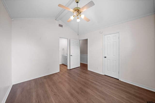 5806 Plantation Dr, Tyler, TX 75703 - unfurnished bedroom featuring dark wood-style floors, baseboards, ornamental molding, and ensuite bathroom