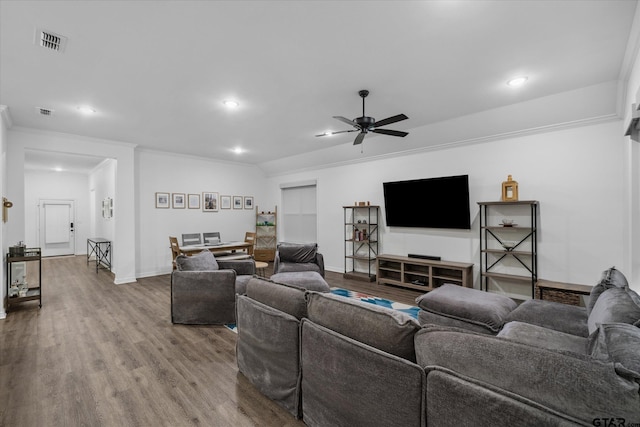 2736 Royal Village Way, Tyler, TX 75701 - living area with a ceiling fan, recessed lighting, ornamental molding, and wood finished floors