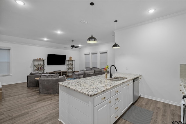 2736 Royal Village Way, Tyler, TX 75701 - kitchen with dishwasher, white cabinetry, ornamental molding, ceiling fan, and dark wood-type flooring