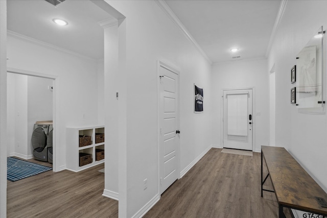 2736 Royal Village Way, Tyler, TX 75701 - hallway with washer / clothes dryer, wood finished floors, crown molding, and recessed lighting