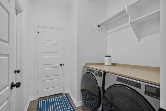 2736 Royal Village Way, Tyler, TX 75701 - washroom featuring separate washer and dryer, crown molding, and wood finished floors