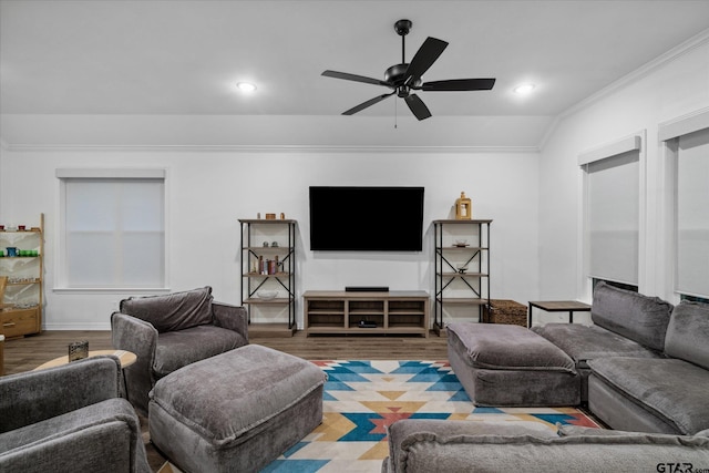 2736 Royal Village Way, Tyler, TX 75701 - living area with wood finished floors, ornamental molding, ceiling fan, vaulted ceiling, and recessed lighting
