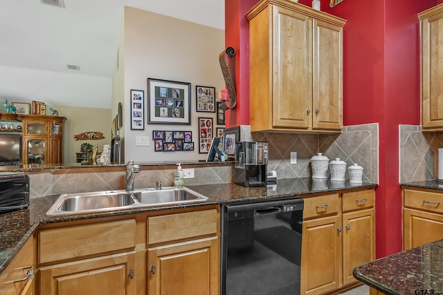 9196 Teal Flight Way, Tyler, TX 75703 - kitchen with backsplash, black dishwasher, visible vents, and a sink