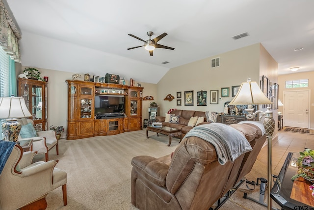 9196 Teal Flight Way, Tyler, TX 75703 - living area with vaulted ceiling, visible vents, ceiling fan, and light carpet