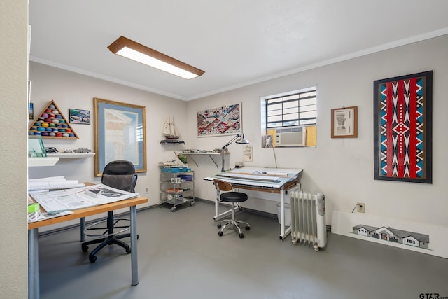 home office with cooling unit, radiator heating unit, crown molding, and concrete floors